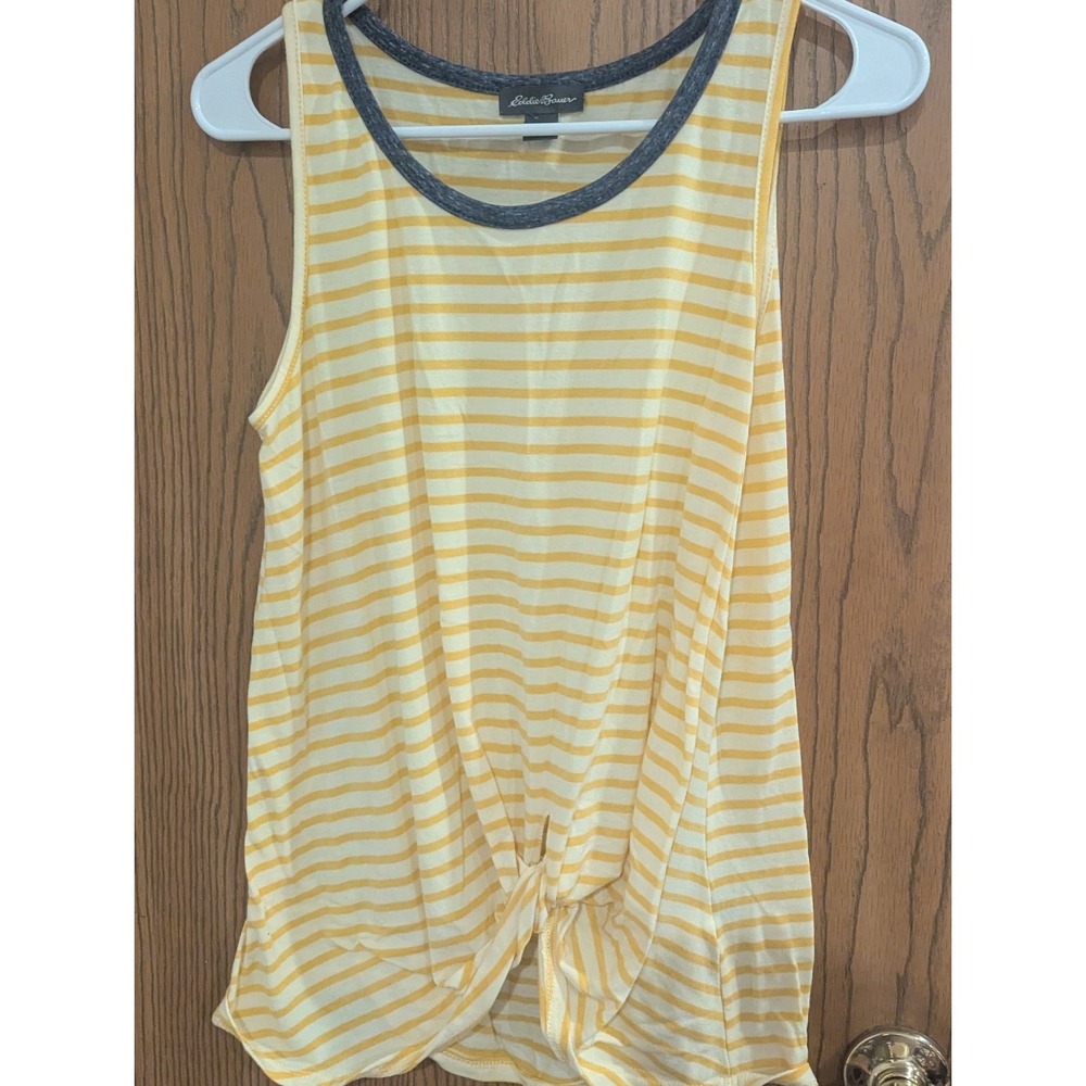 Eddie Bauer Nautical Twist Front Tank Top Blue Ringer Neck Yellow Stripe Women L